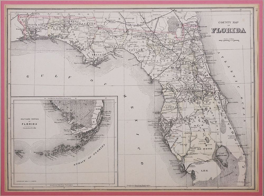 Appraisal: MAP Florida Counties Hand Colored County Map of Florida by