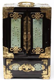 Appraisal: Chinese Lacquer Gilt Brass Hardstone Jewel Box With brass corners