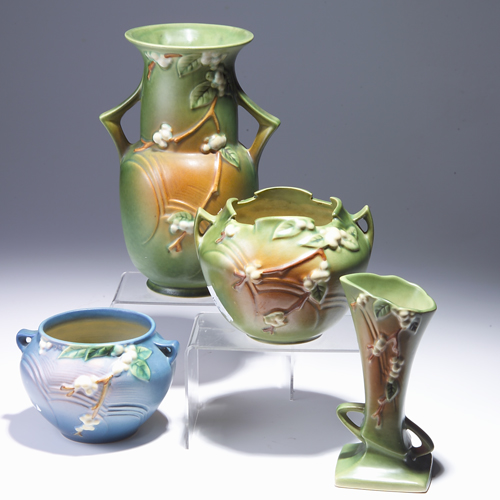 Appraisal: Four ROSEVILLE Snowberry pieces to include a green vase IV