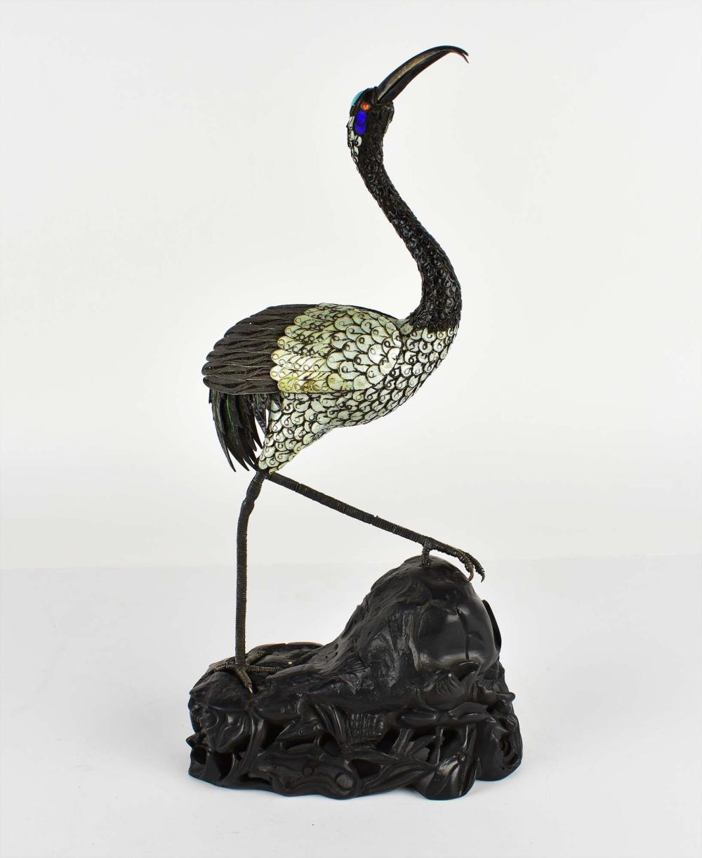 Appraisal: CHINESE SILVER WIRE-WORK CLOISONNE ENAMEL CRANEDecorated with jeweled eyes and