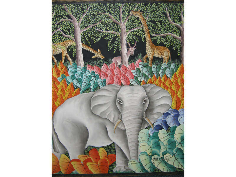 Appraisal: JN B CELESTIN HAITIAN TH CENTURY Landscape with elephant giraffe