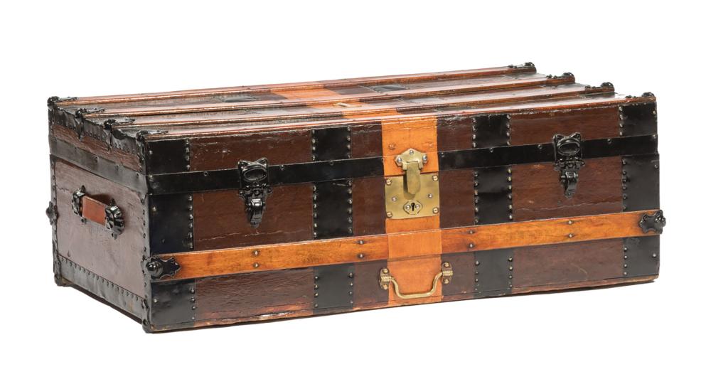 Appraisal: Vintage English Wood and Leather Trunk h in w in