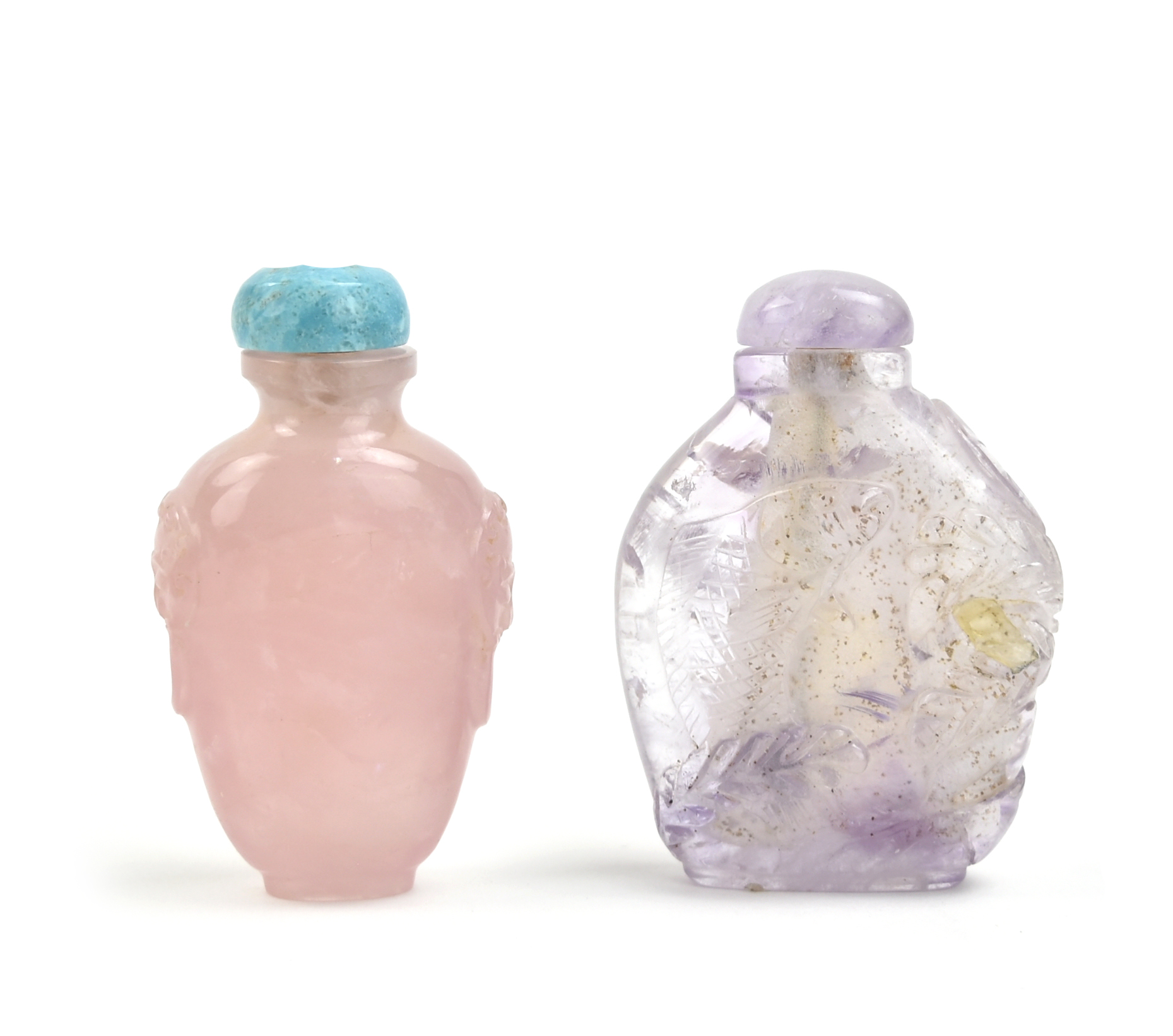 Appraisal: a pink rose quartz snuff bottle flanked by two molded