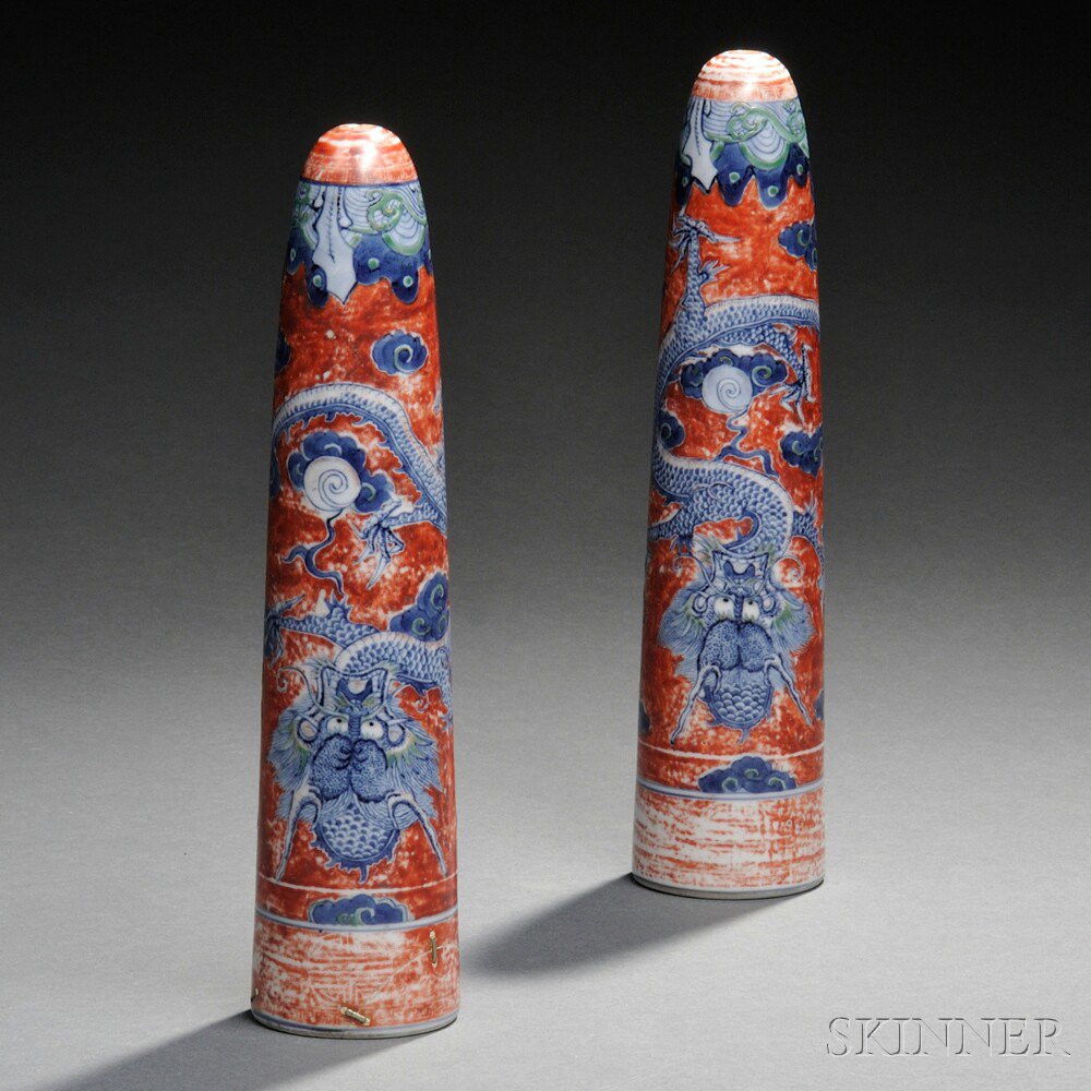 Appraisal: Two Wucai Incense Stick Holders China Qing Dynasty decorated with