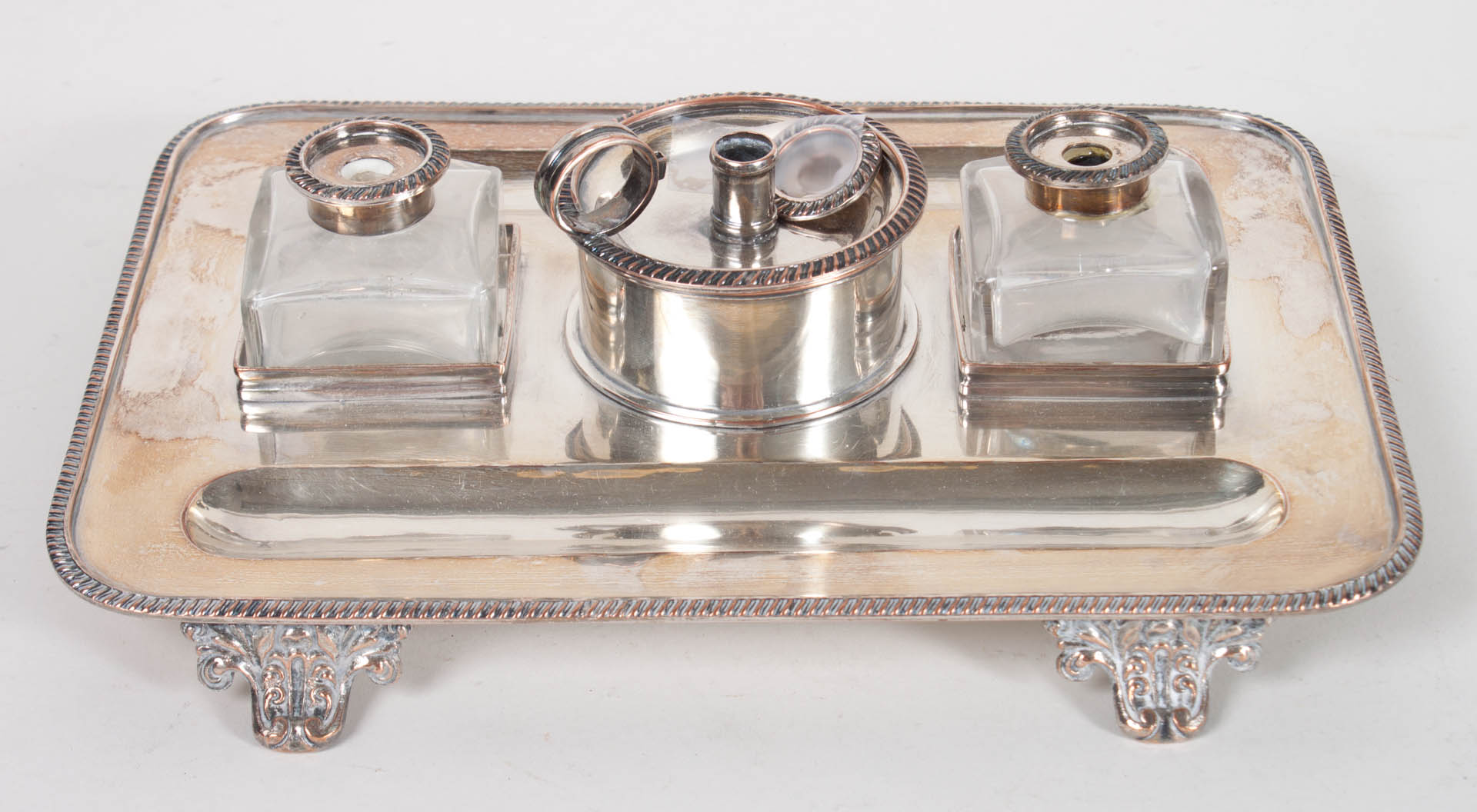 Appraisal: English silver-plated standish st quarter th century silver-plate on copper