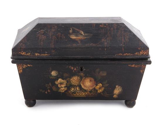 Appraisal: Continental paint-decorated tole box th century coffered-form on ball feet