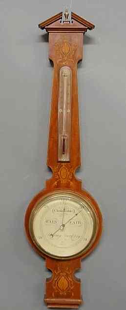 Appraisal: English inlaid mahogany banjo-form barometer by Tycos Short Mason for