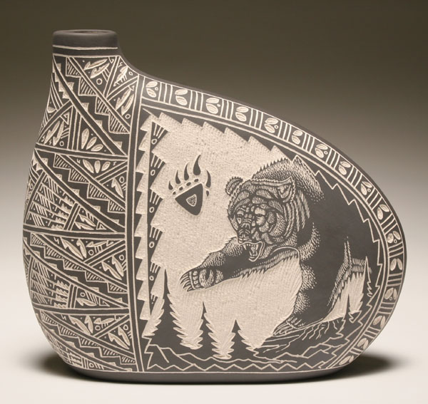 Appraisal: Acoma pottery canteen vessel with sgraffito decoration of a growling