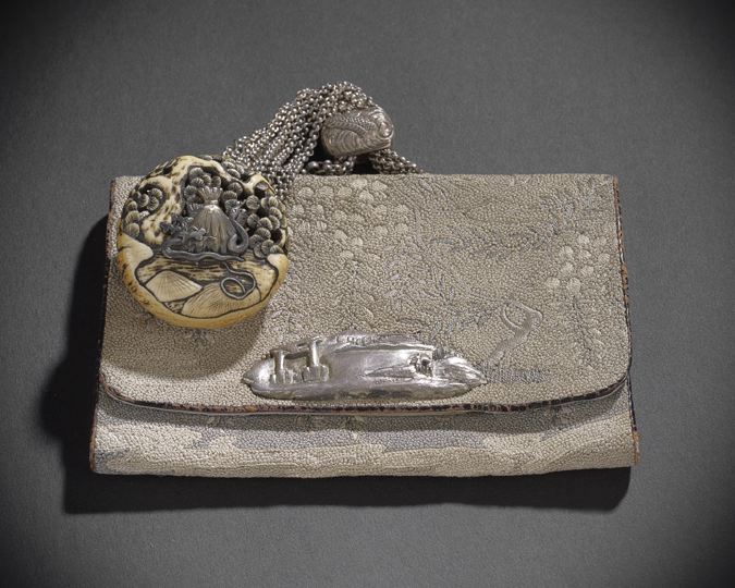 Appraisal: Fine Japanese Silk Silver and Bone Gentleman's Purse Tissue Holder