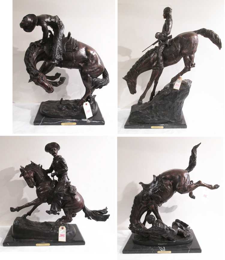 Appraisal: AFTER FREDERIC SACKRIDER REMINGTON AMERICAN - four bronze horse rider