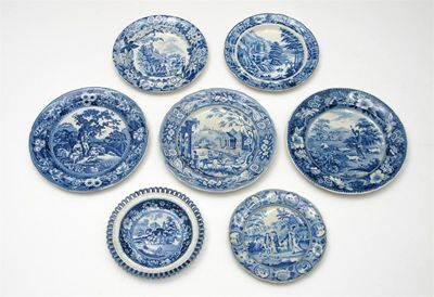 Appraisal: Seven blue and white plates printed with scenes of figures