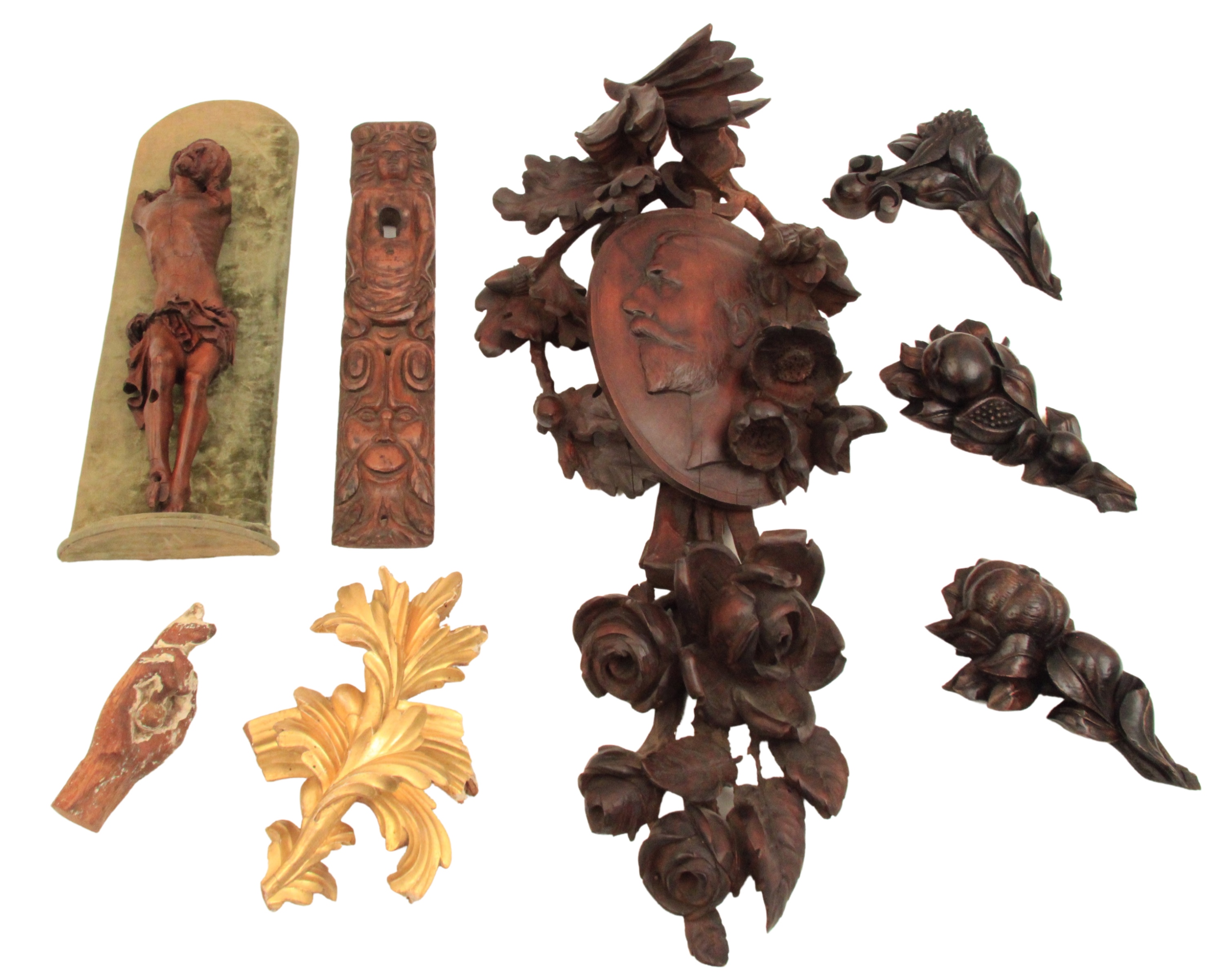 Appraisal: Group of carved wood elements consisting of th C figure