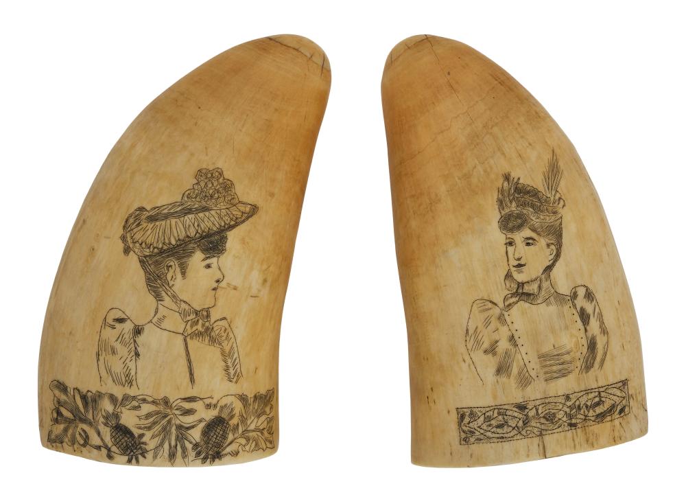 Appraisal: PAIR OF SCRIMSHAW WHALE'S TEETH DEPICTING FASHIONABLE LADIES TH CENTURY