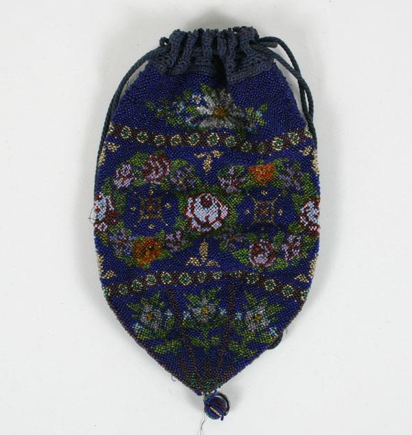 Appraisal: Victorian Glass Beaded Floral Bag Pouch with cobalt ground Some