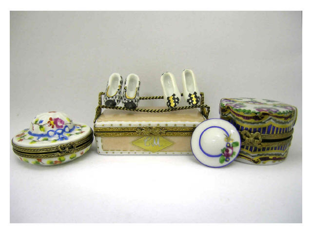 Appraisal: Lot of three Limoges hinged porcelain boxes including shoe container