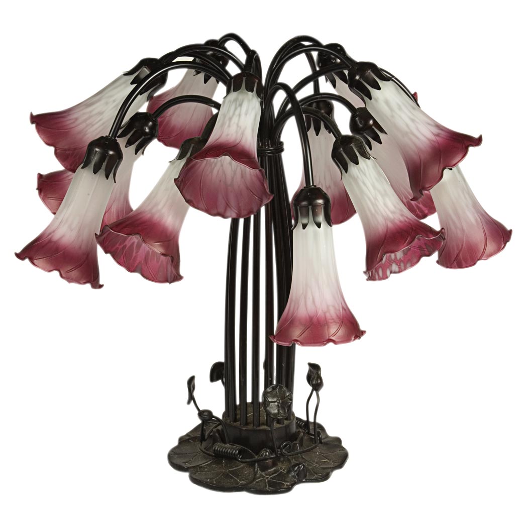 Appraisal: Tiffany Style Glass and Patinated-Metal Fifteen-Light Lamp Height inches