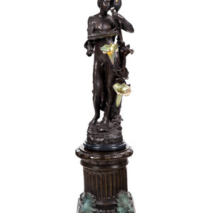 Appraisal: A Patinated Bronze Figural Lamp with Iridescent Glass Shades after