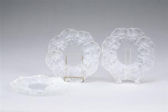 Appraisal: THREE LALIQUE GLASS PLATES Clear glass plates with embossed leaf