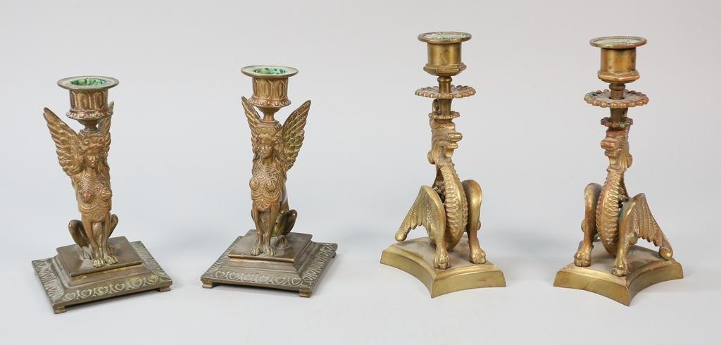 Appraisal: TWO PAIRS OF FIGURAL MYTHOLOGICAL CANDLESTICKSTwo pairs of figural mythological