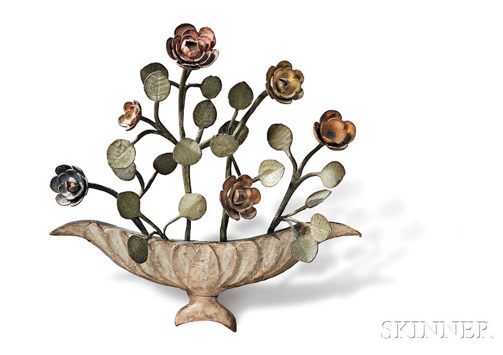 Appraisal: Polychrome Wrought Iron and Carved Wood Basket of Flowers Decorative