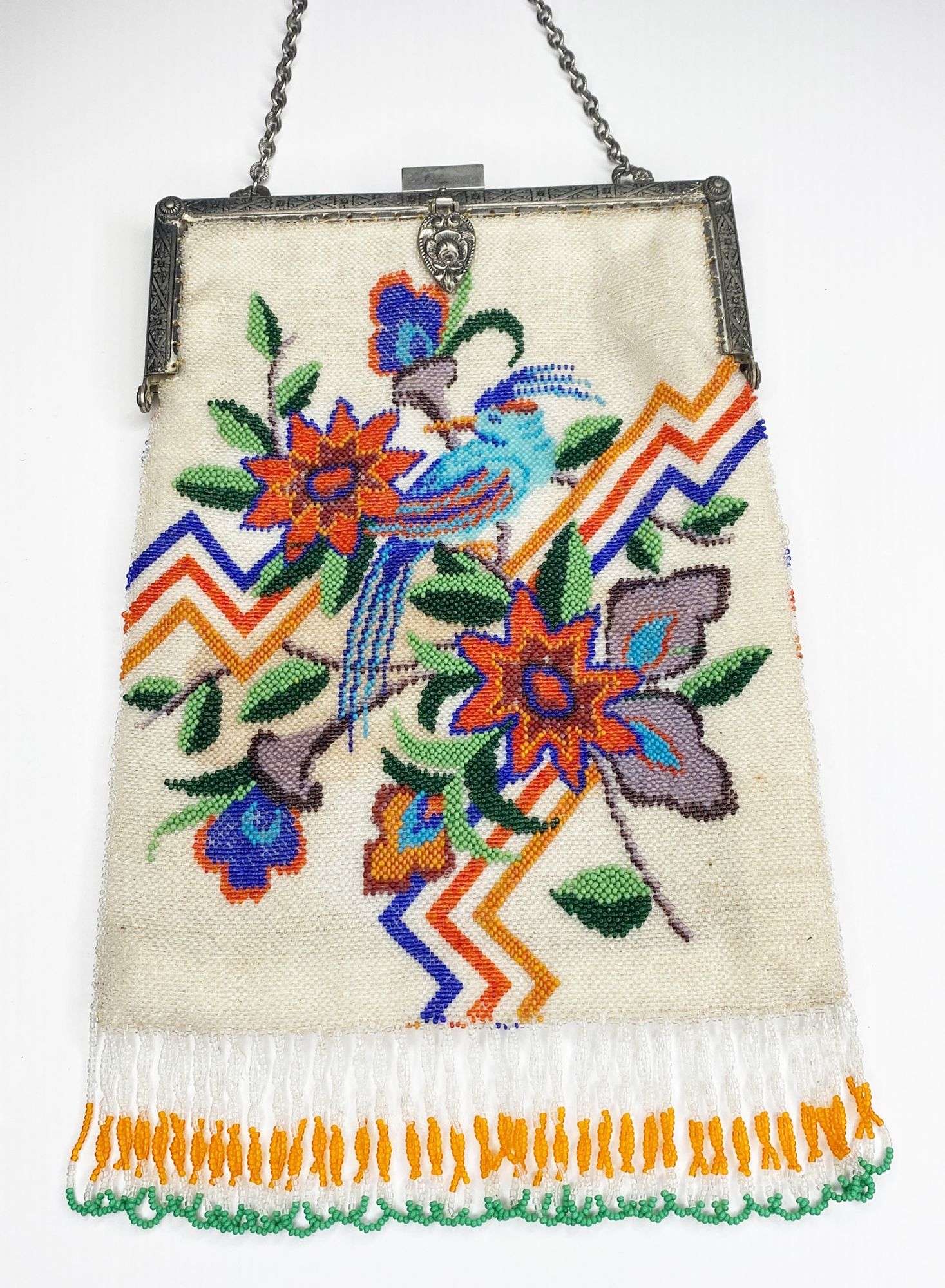 Appraisal: Art Deco Micro Beaded Bird of Paradise Bag long at