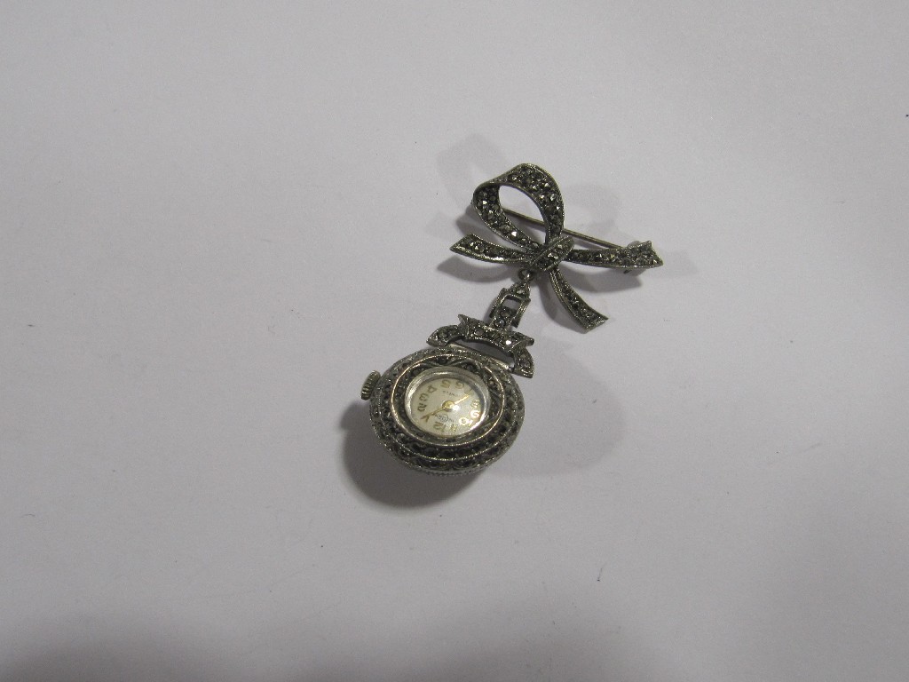 Appraisal: Mid th century marcasite ball watch with bow lapel fitting