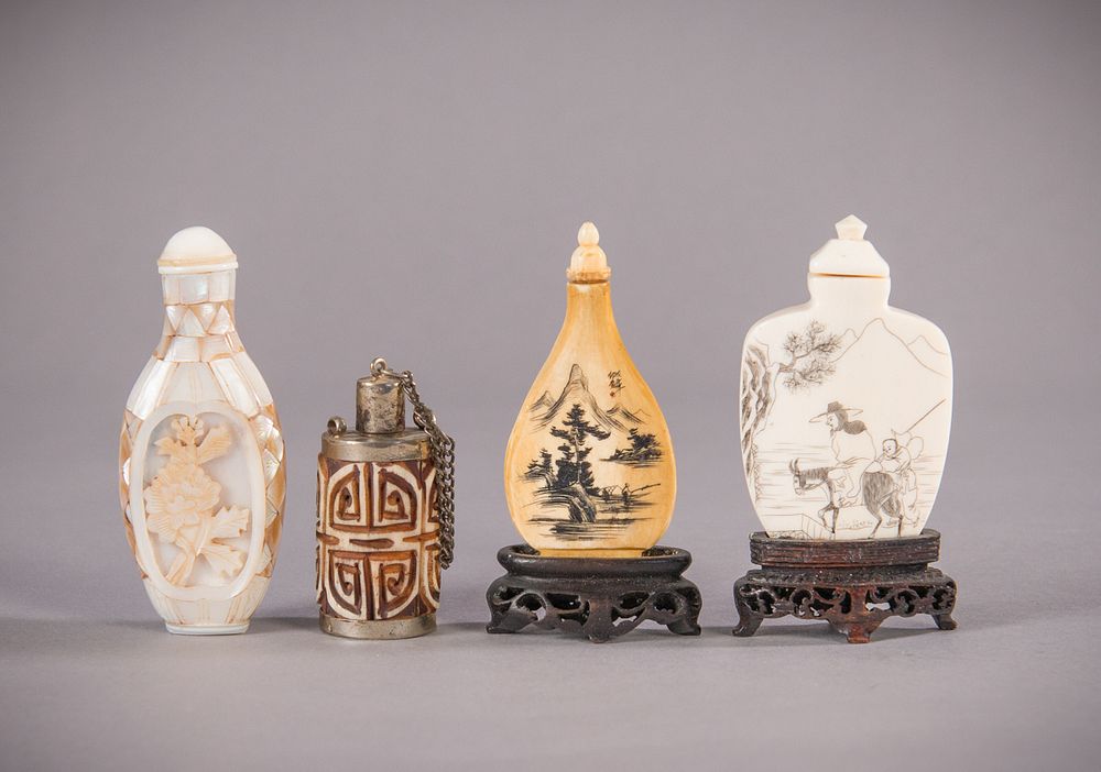 Appraisal: Carved Scrimshaw Snuff Bottles Ivory bone scrimshaw etched snuff bottle