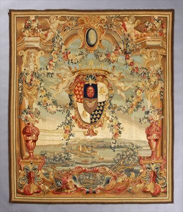 Appraisal: AUBUSSON ARMORIAL TAPESTRY Centered by a crowned armorial supported by