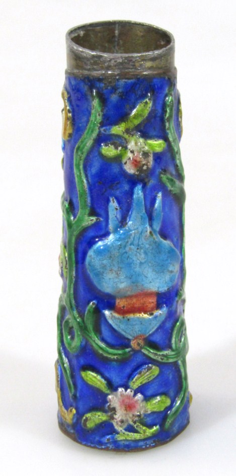 Appraisal: A Chinese cloisonn cylindrical needle jar heavily decorated with enamel