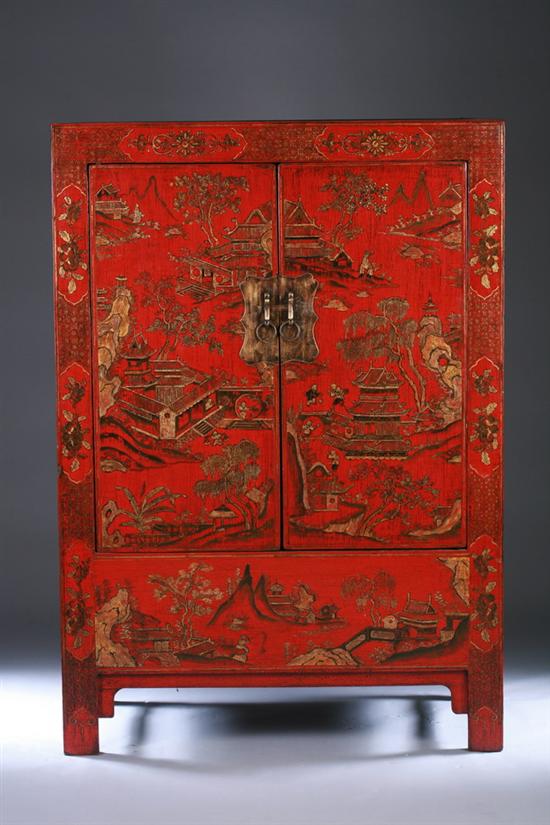 Appraisal: CHINESE RED AND GILT LACQUER CABINET mid Qing Dynasty circa