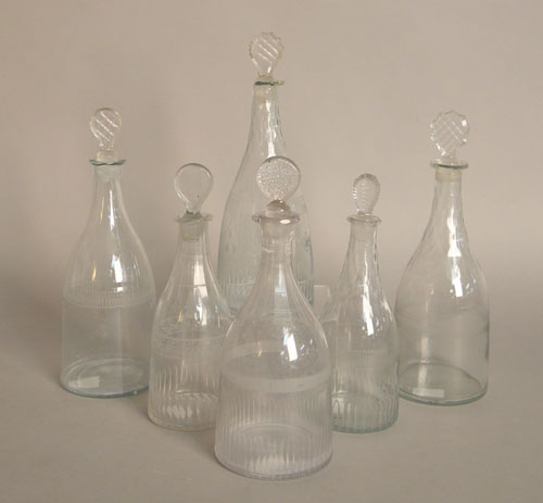 Appraisal: Six engraved glass decanters th c - tallest