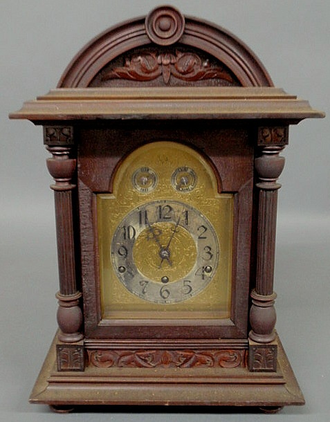 Appraisal: Mahogany cased German chime bracket clock th c with a