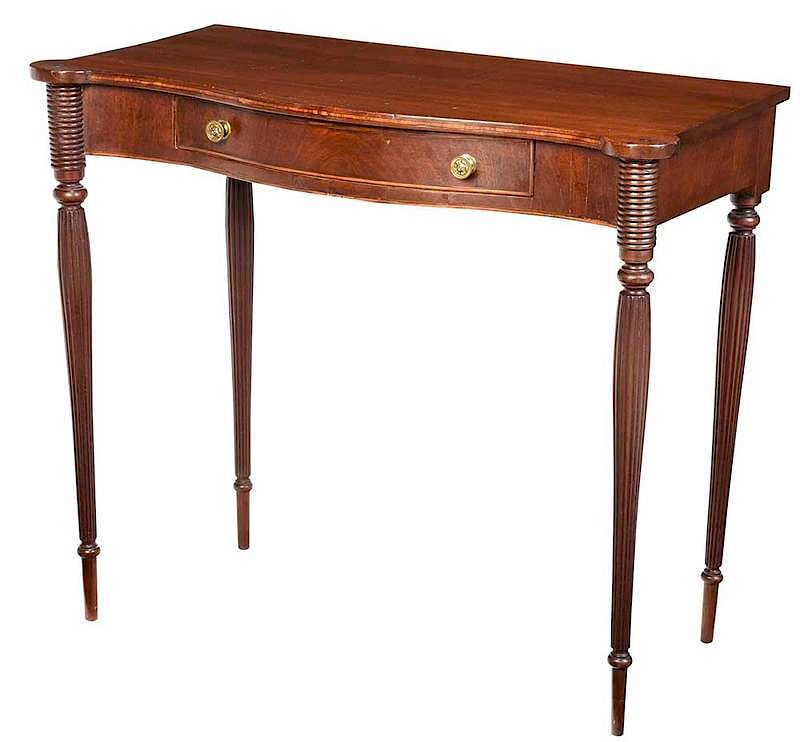 Appraisal: Sheraton Mahogany Side Table th century serpentine front with drawer