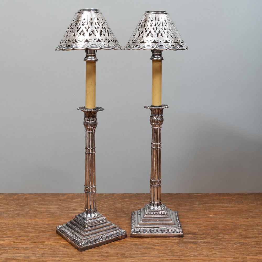 Appraisal: Pair of English Silver Plate Columnar Candlestick Lamps and a