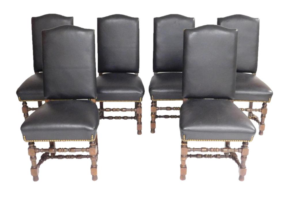 Appraisal: Six Jacobean-form Travailles side chairs black matte leather-type upholstery affixed