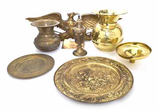 Appraisal: A Collection of Brass Articles comprising two spitoons a charger