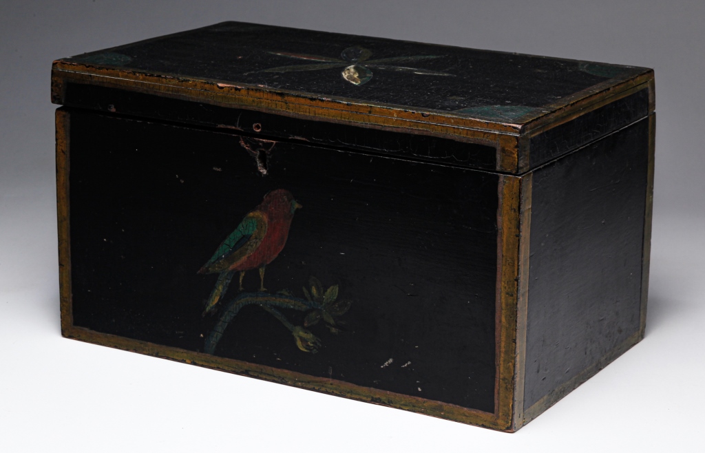 Appraisal: AMERICAN DECORATED BOX Fourth quarter th century pine Lock box