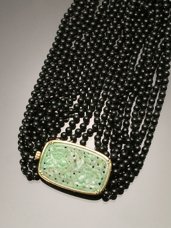 Appraisal: Princess Length Black Onyx and Green Jadeite Jade Necklace Gump's