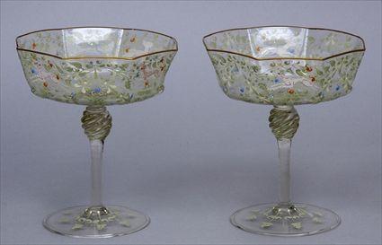 Appraisal: PAIR OF VENETIAN ENAMELED GLASS STEMMED COMPOTES Each octagonal bowl