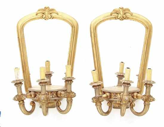 Appraisal: Pair unusual mirrored wall sconces gilt frame centering tapered reflecting