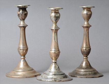 Appraisal: THREE RICHARD M WOODS CO SILVER WEIGHTED TABLE CANDELSTICKS Each