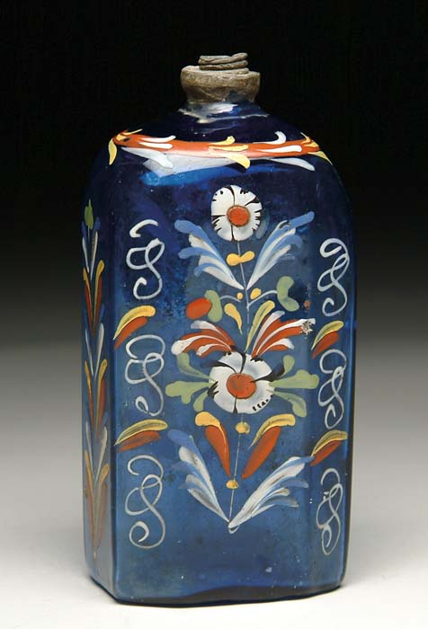 Appraisal: STIEGEL-TYPE BOTTLE Cobalt blue half-post bottle with polychrome enamel floral