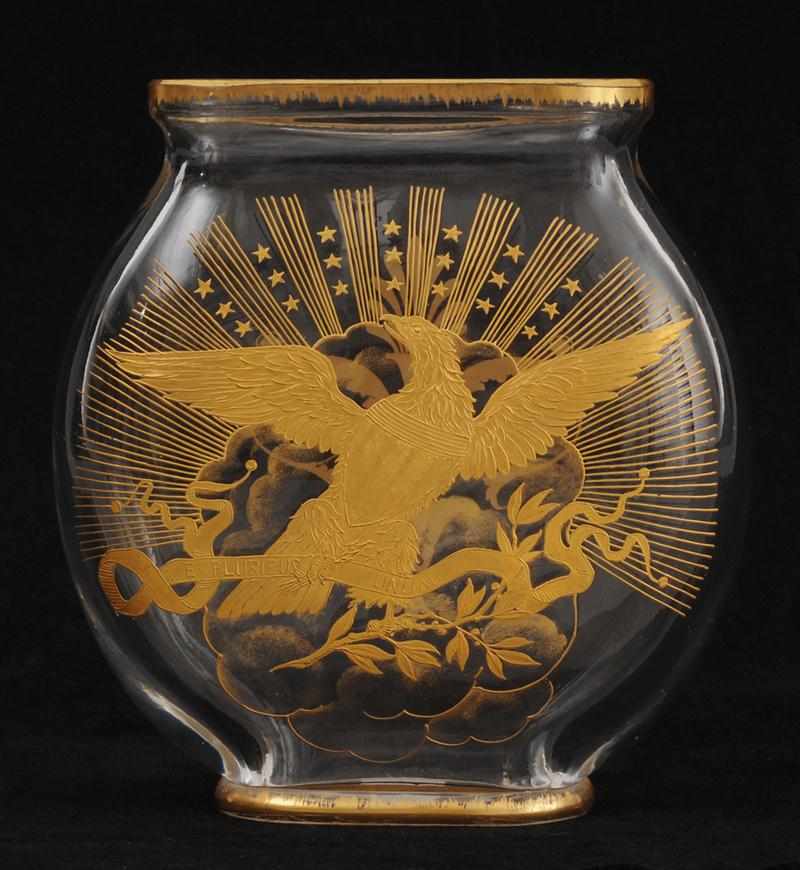 Appraisal: AMERICAN GILT-DECORATED GLASS VASE Of flattened ovoid form the front