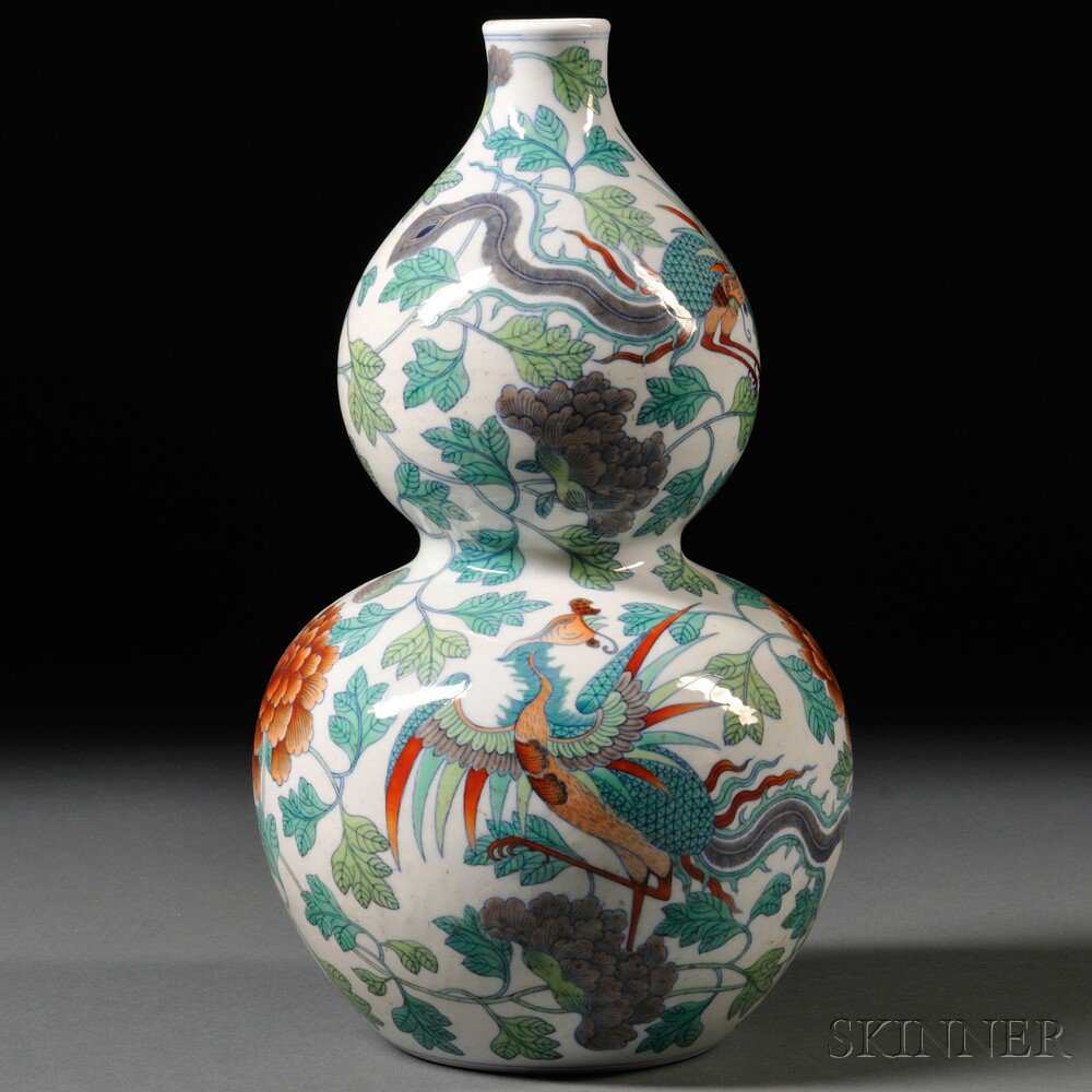 Appraisal: Doucai Double Gourd Vase China decorated with phoenixes amidst peonies