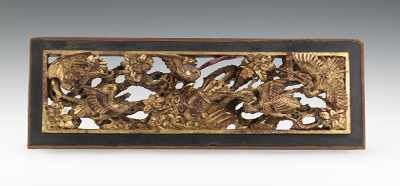 Appraisal: Chinese Wooden Plaque Featuring Heron's Carrying Scrolls A carved wooden