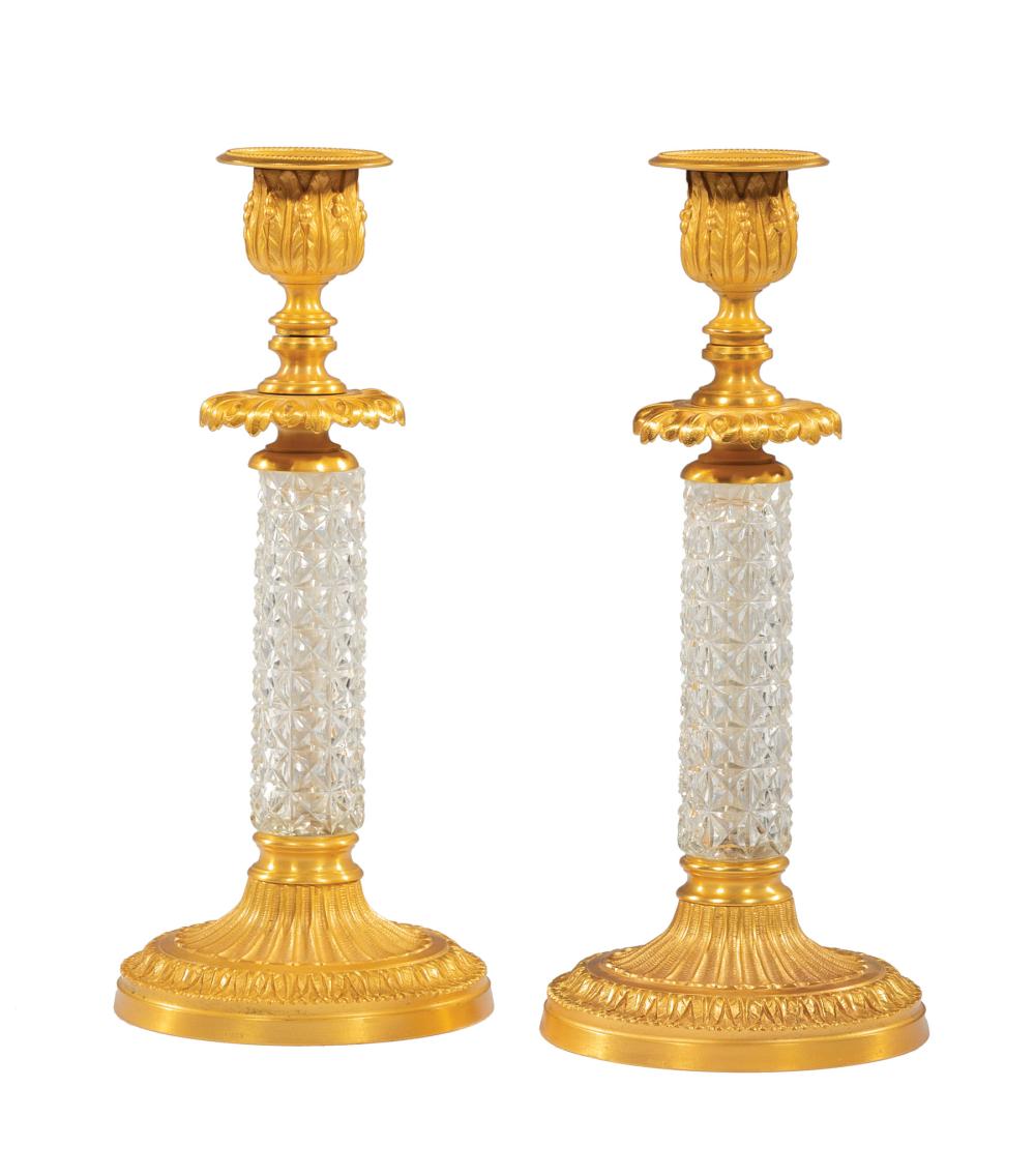 Appraisal: Pair of French-Style Gilt Bronze and Cut Crystal Candlesticks h