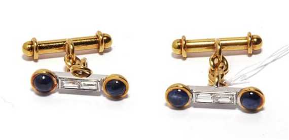 Appraisal: SAPPHIRE AND DIAMOND CUFF LINKS ca White and yellow gold