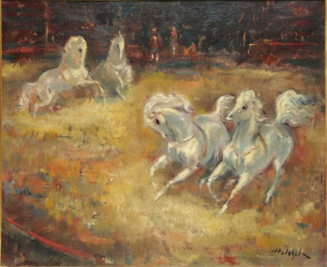 Appraisal: DE HOLESCH Denes Oil on Canvas of Circus Horses Signed