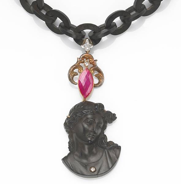 Appraisal: An antique gutta percha ruby diamond and k gold necklace