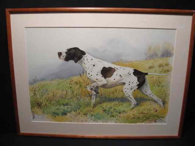 Appraisal: Boris Riab watercolor painting depicting a Pointer breed hunting hound